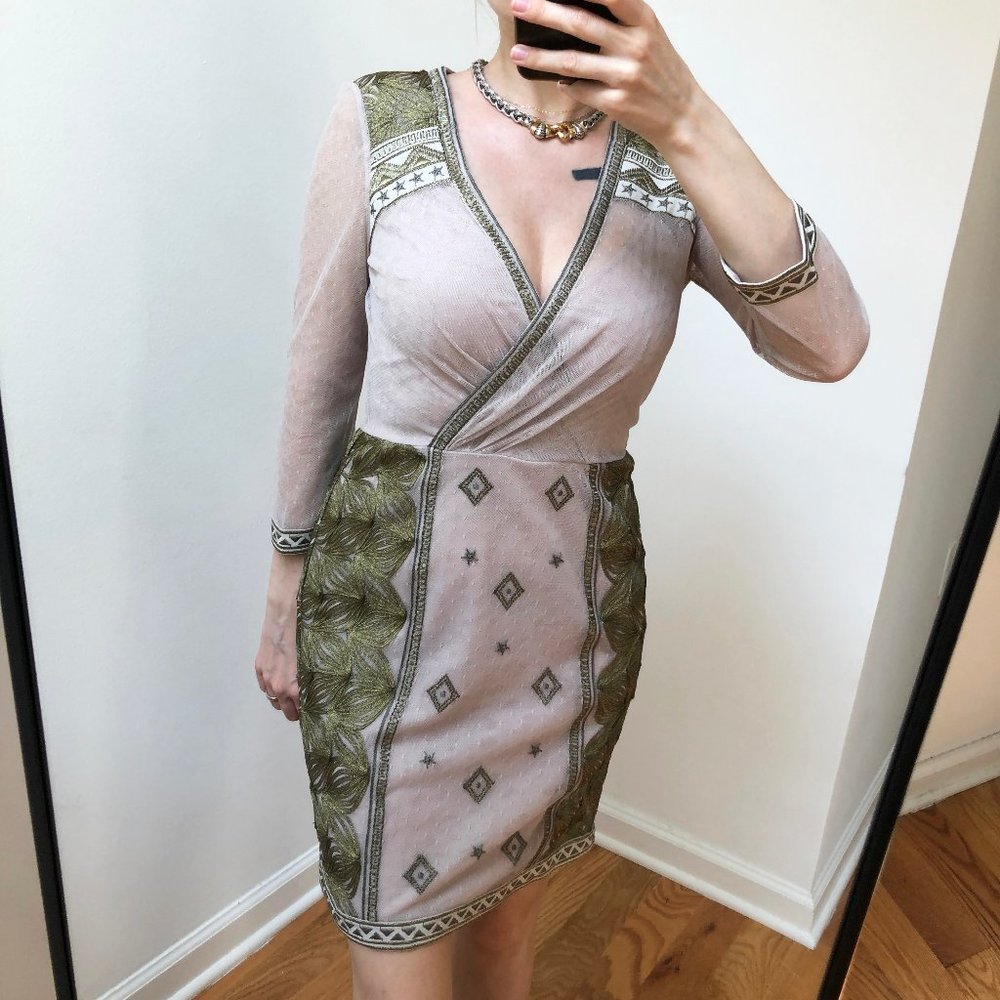 Fancy golden sheath cocktail dress S, event deep v neck dress for wedding guest